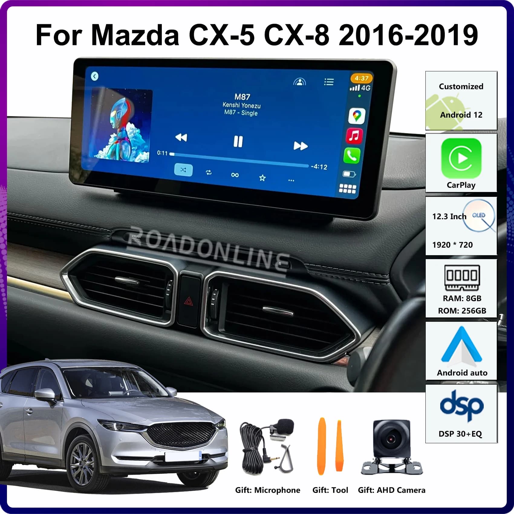 Autoradio Android 14 da 12.3 pollici per Mazda CX-5 CX5 CX-8 CX8 2016-2019 1920*720 Ricevitore Radio GPS Stereo Multimediale CarPlay