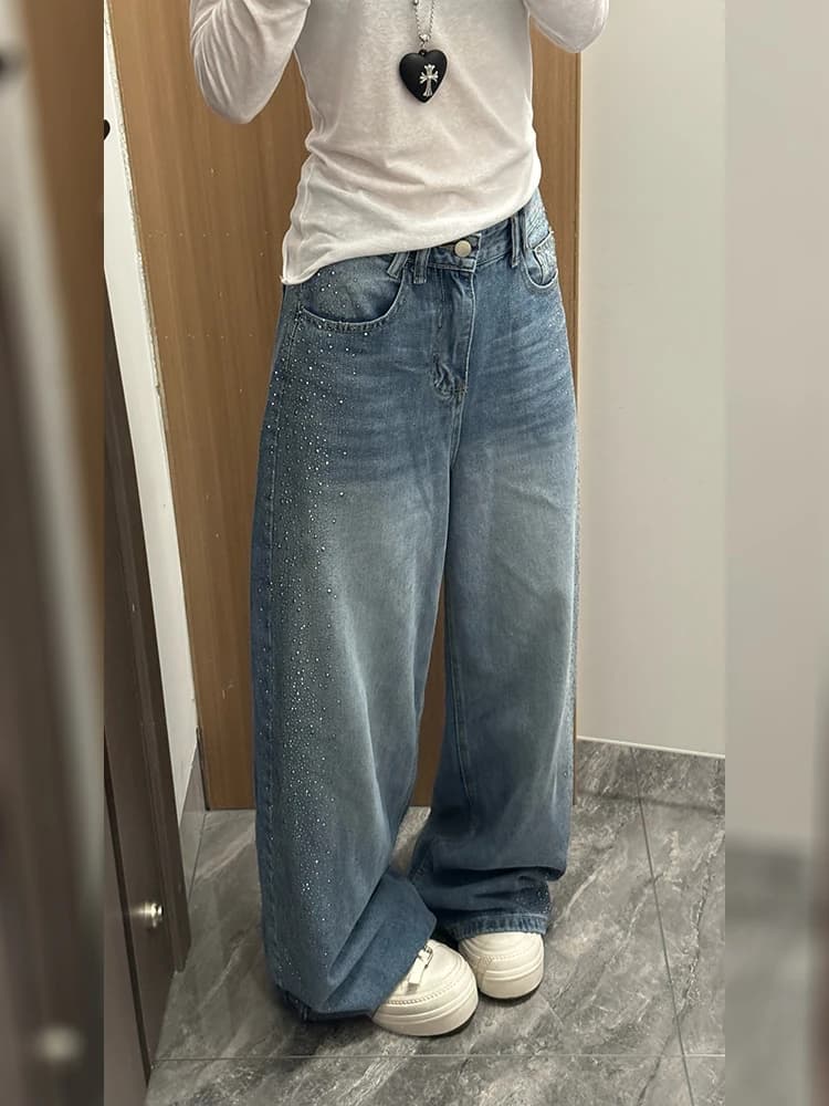 Jeans Americani con Design High Street e Applicazioni di Diamanti Scintillanti, Nuovo Stile Estivo per Donne, Pantaloni Versatili alla Moda a Tutta Lunghezza