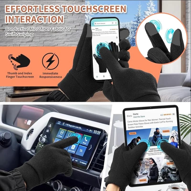 Touchscreen thermal gloves – Hot gloves lined with fleece for running, hiking and winter