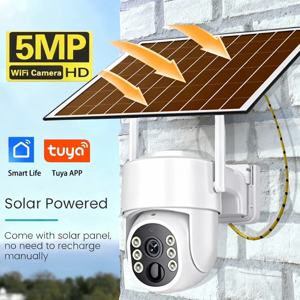 Tuya 5MP PTZ WIFI Telecamera di sicurezza di sorveglianza Ricarica solare Monitoraggio umano esterno Telecamera a pannello solare per visione notturna a colori