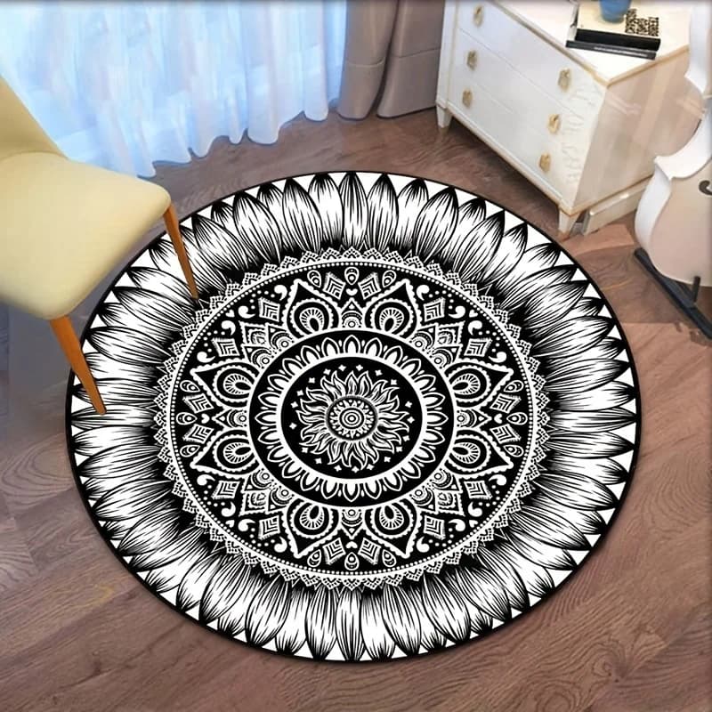 Round Carpet Black White Velvet Crystal Style Boho Mat for Living Yoga Meditation Space Decorations for Home Art