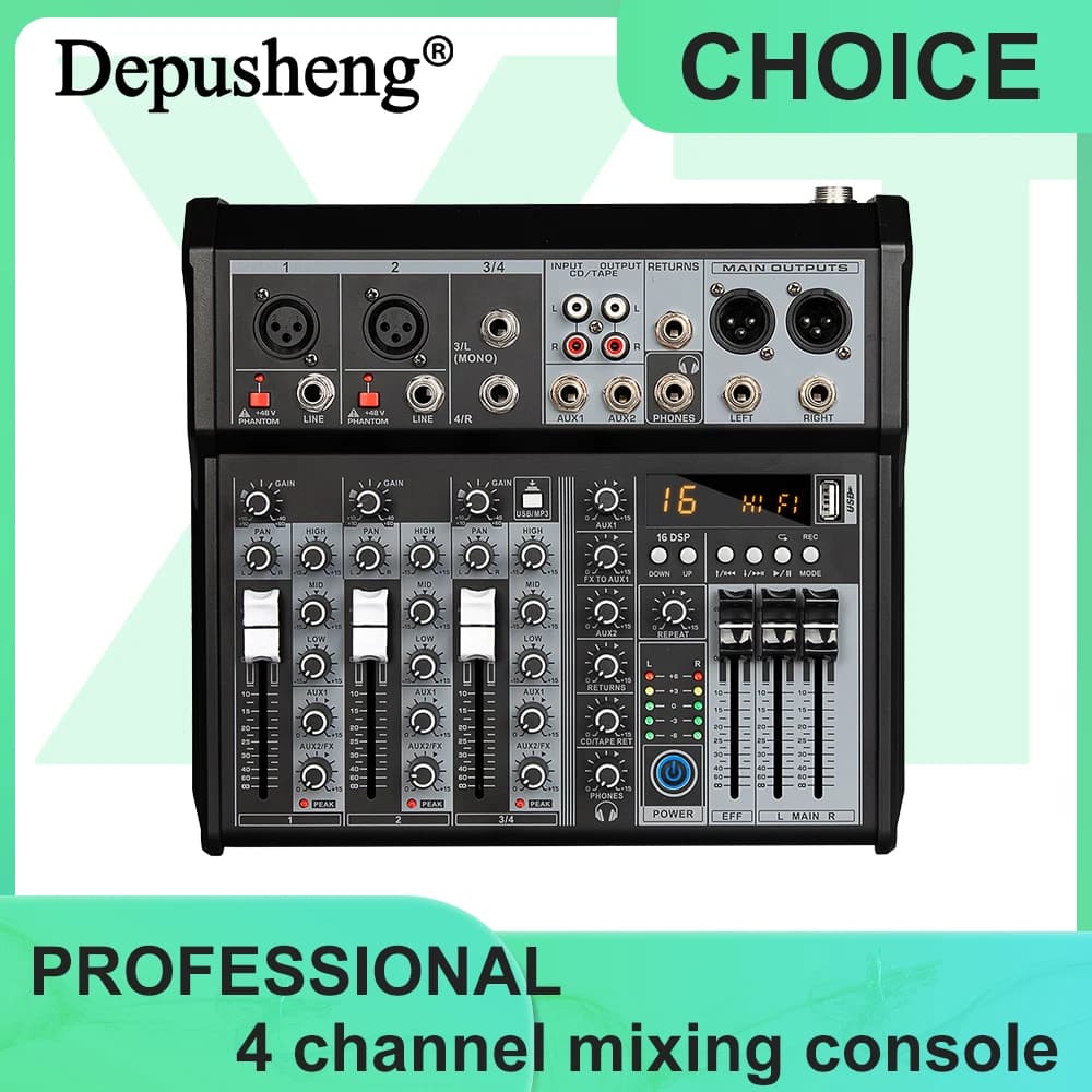 Interfaccia audio a 4 canali Depusheng XT4 Mixer DJ Scheda audio Effetto DSP a 99 bit USB + 48V Phantom Bluetooth per Karaoke