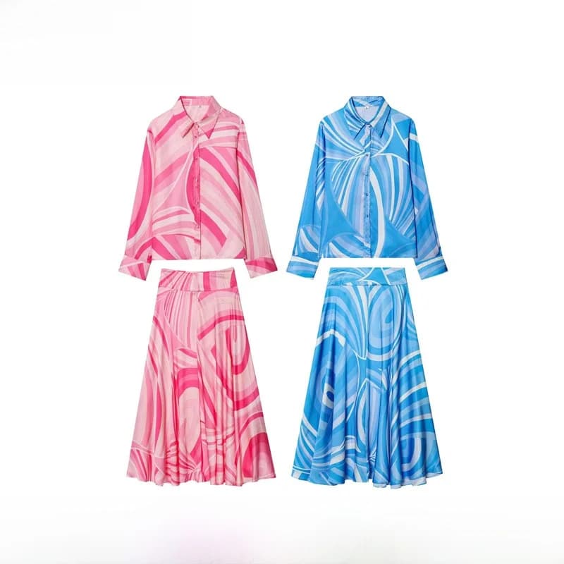 Fashionable Long Sleeve Printed Shirt And Half Skirt Set Women's Spring Summer New Arrival Clothing Abstract Pattern Regular ...