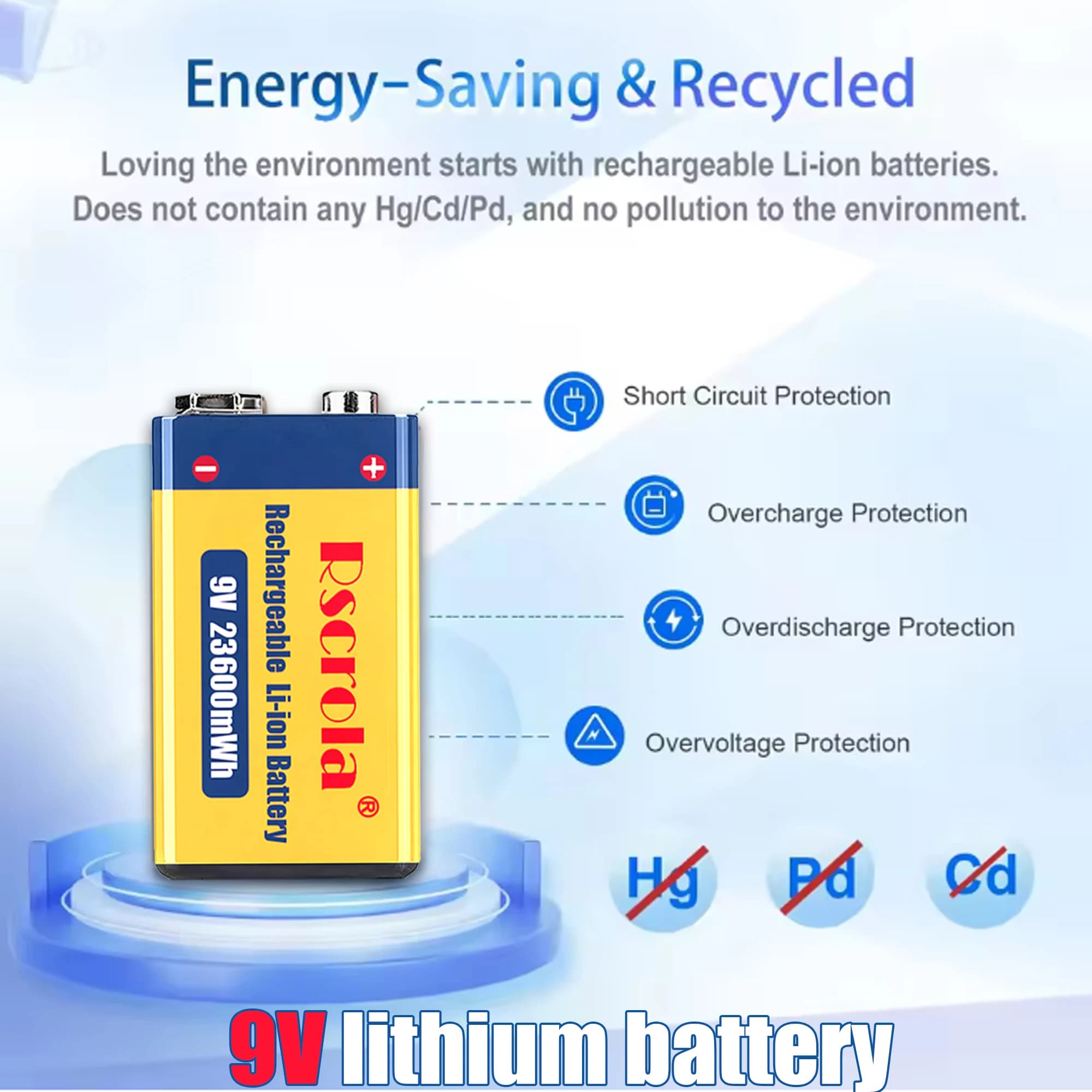 Batteria Ricaricabile Rscrola 9V 6F22 23600mWh Li-Po al Litio per Rilevatore di Fumo, Multimetro, Massaggiatore, Giocattoli