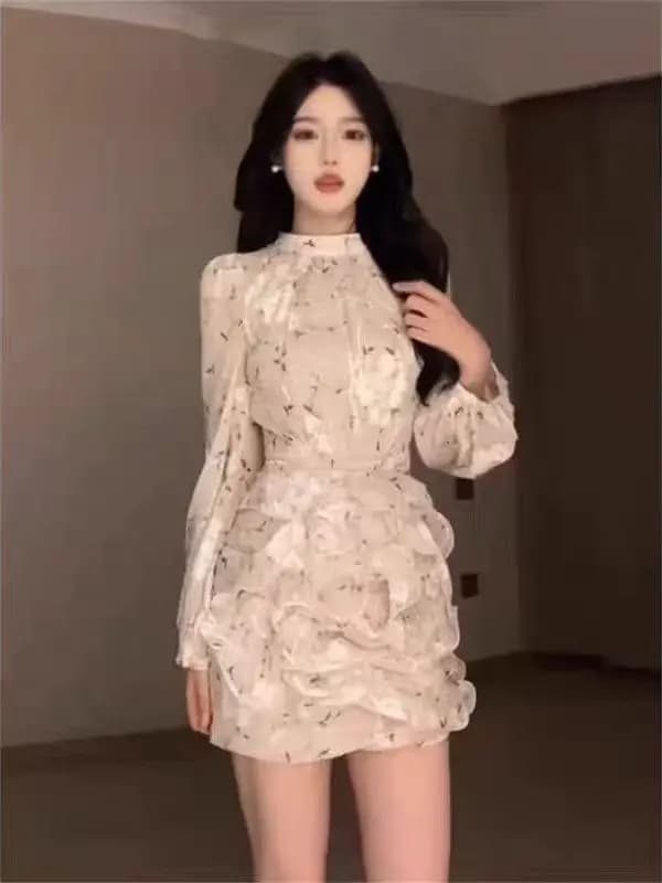 Elegante Abito da Donna con Stampa Floreale a Maniche Lunghe, Gonna a Vita Alta Linea A, Vestito Corto Primaverile e Autunnale dal Tocco Femminile e alla Moda