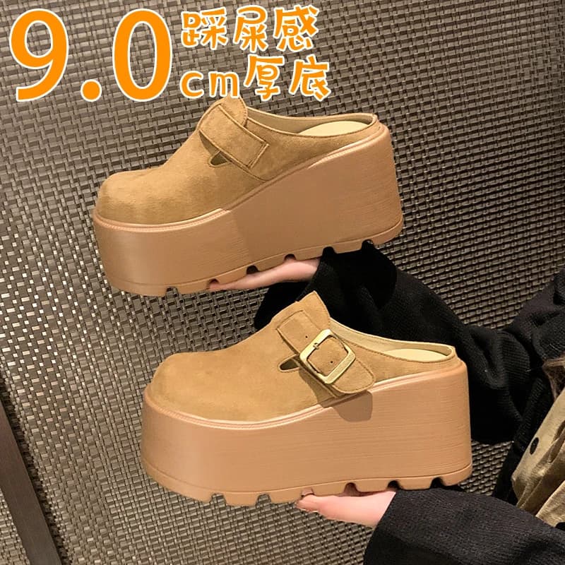 2025 New 9cm Platform Women's heel mules casual shoes with buckle closed tip backless brief on walking increase the height slippers with wedge