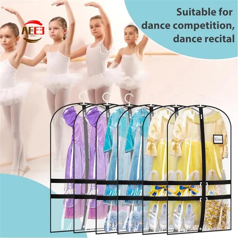 AEE3-2 Confezioni di borse trasparenti per indumenti da ballo per ballerini con 4 tasche, borsa per indumenti per costumi da ballo per bambini da 40 pollici per viaggi e danza