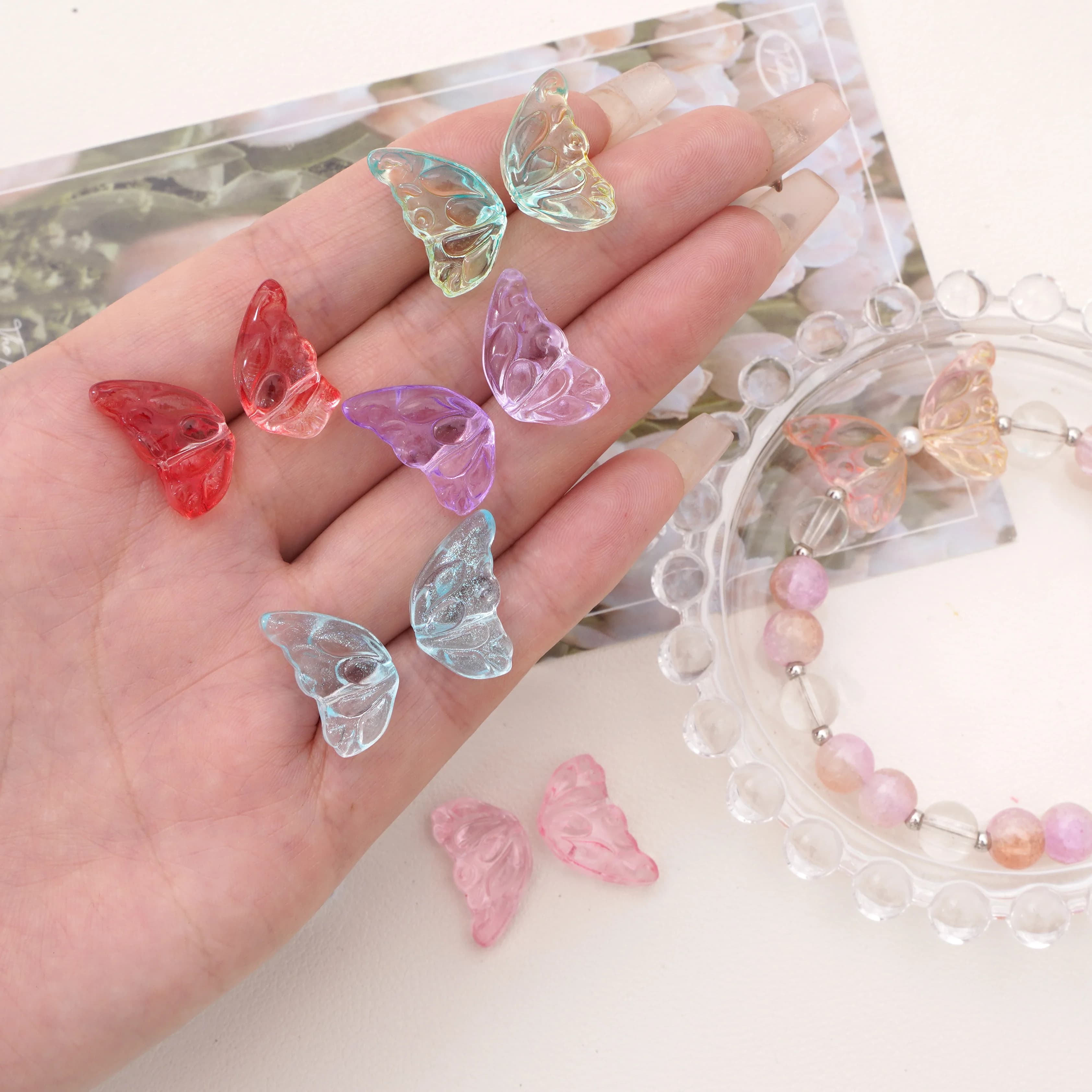 10 pezzi di perline a forma di ali di vetro AB, perline a forma di farfalla, per orecchini, per la creazione di gioielli, fai da te, accessori per portachiavi