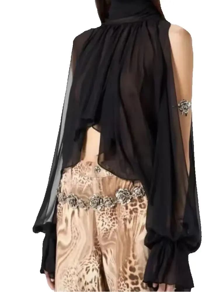 Camicie a strati con volant e maniche svasate nere traslucide vintage da donna estive 2025 Camicette a strati con collo alto in chiffon elegante da donna