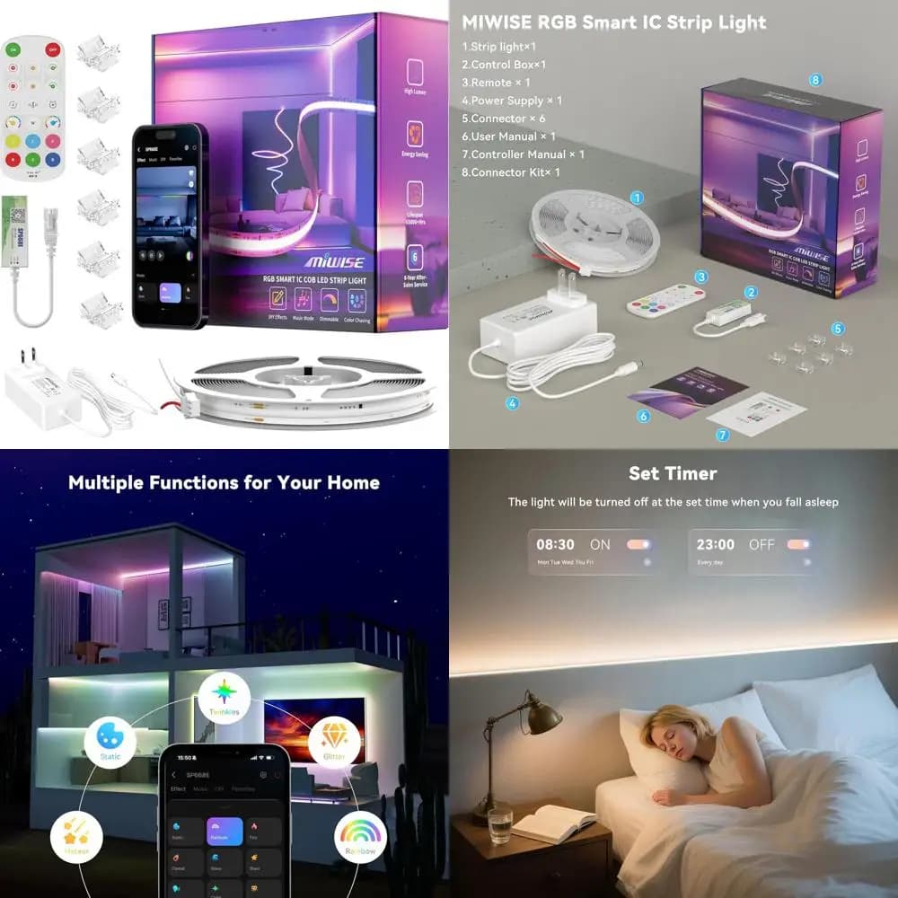 24-foot RGB smart LED Strip, color pursuit, 16 million colors, music synchronization, app control, ideal for cabinets, bedrooms and parties