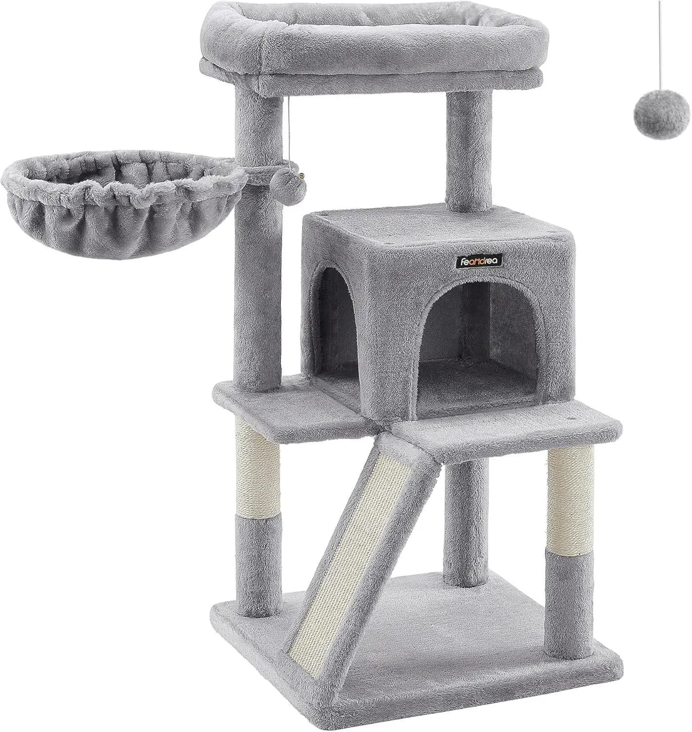 Tiragraffi per Gatti, Torre per Gatti da 96 cm, Condominio Multilivello con Posatoio Allargato, Tiragraffi e Rampa, Grotta con 2 Porte, Amaca, Luce