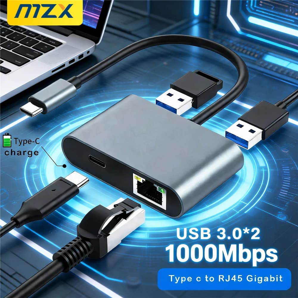 Hub USB-C MZX 1000Mbps con Adattatore di Rete RJ45 1G, Docking Station, PD 60W, Ethernet Gigabit e Concentratore LAN per Laptop