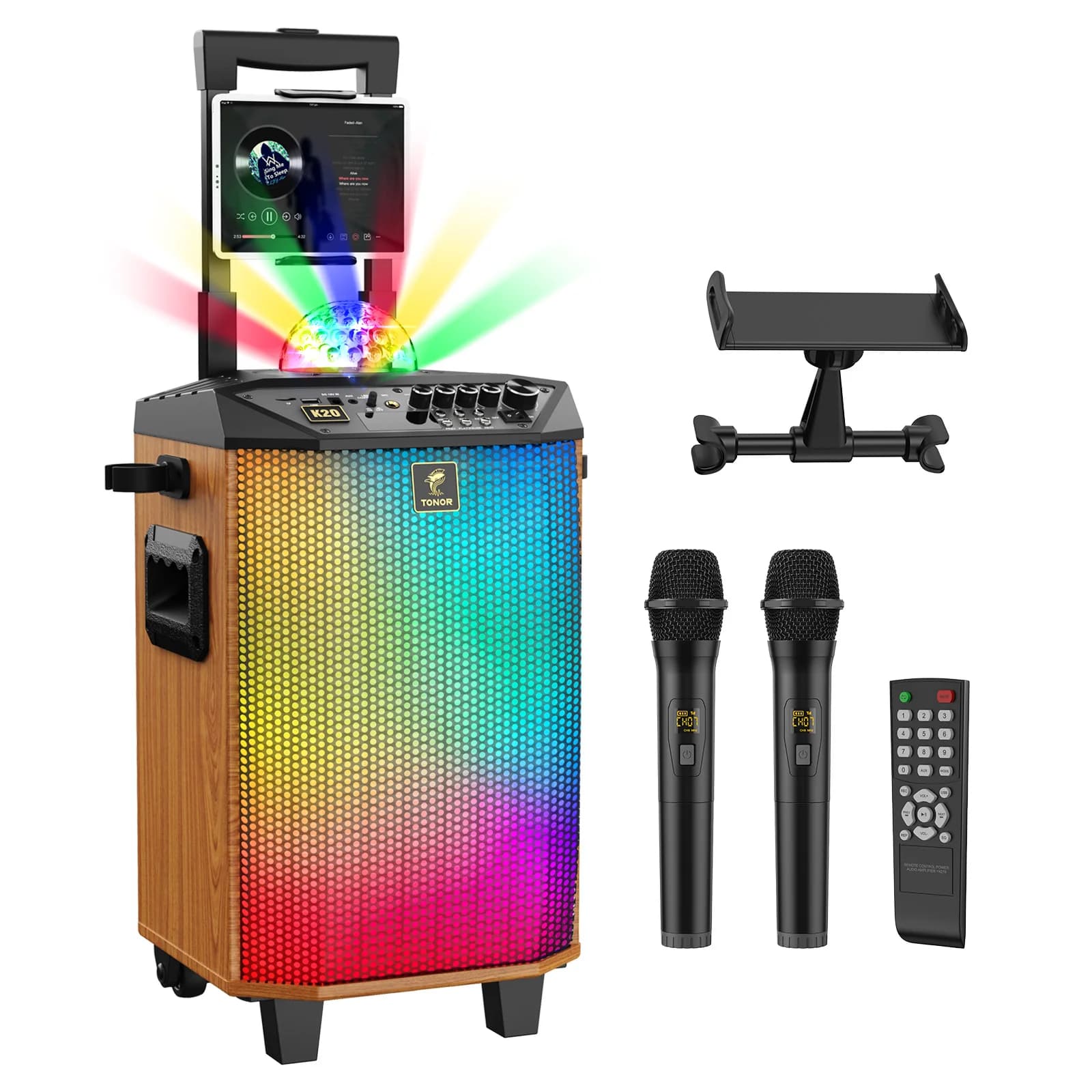 Macchina per karaoke per adulti, altoparlante Bluetooth portatile con 2 microfoni wireless, sistema PA con microfoni microfono wireless