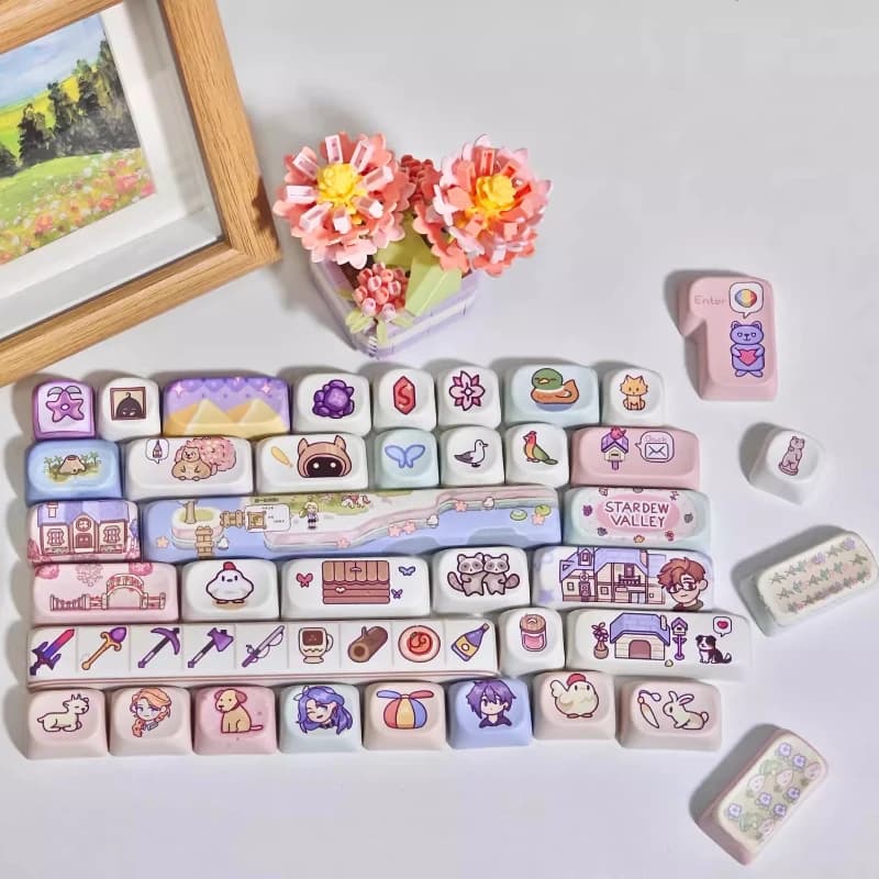 Set di Keycap a Tema Stardew Valley, Profilo MOA Personalizzato, 134 Tasti PBT, Set di Keycap Anime Carini per Tastiere Meccaniche 75% 87 98 108