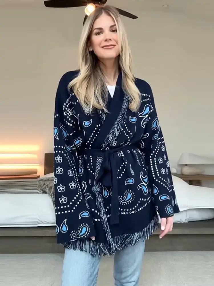 Elegant print nappa cardigan belt for women V neck long sleeve knitted sweaters loose women 2025 autumn winter chic knitwear lady