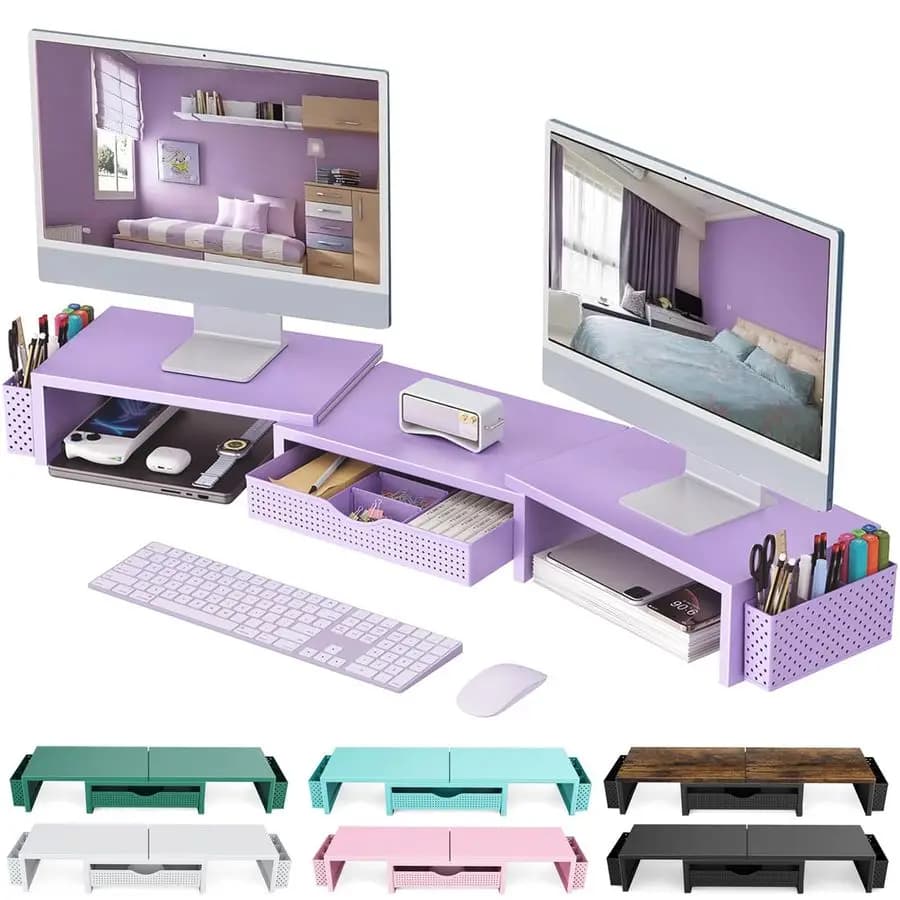 Support for double monitor, desk organizer with drawer and 2 pen holders, organizers and desk accessories, purple office furniture Pur