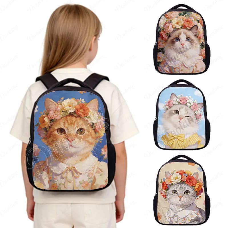 12 Inches Cute Cat Wearing Garlands of Flowers Print Backpack for 2-4 Years Old Ragdoll Cat Kindergarten Toddler School Bags
