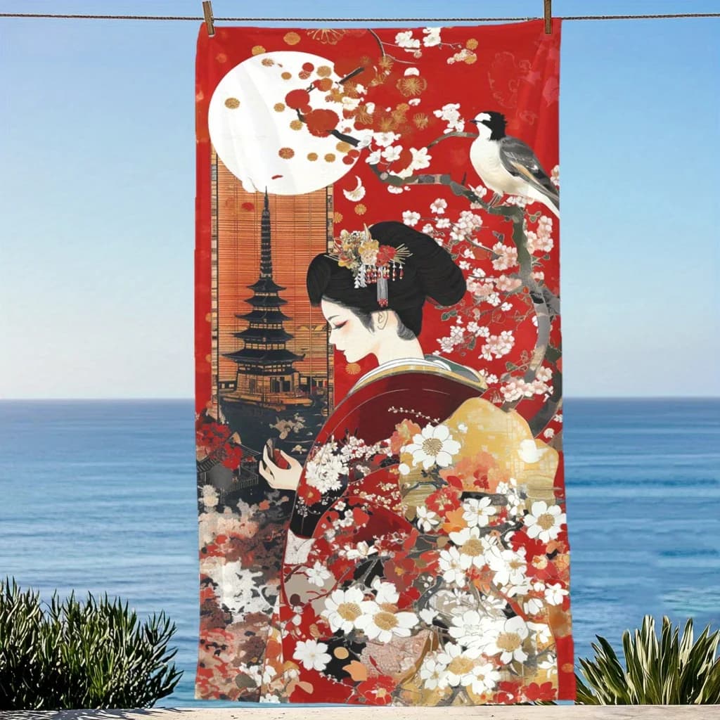 Telo da spiaggia giapponese Geisha, super assorbente, leggero, ad asciugatura rapida, antivento, per viaggi in spiaggia, campeggio