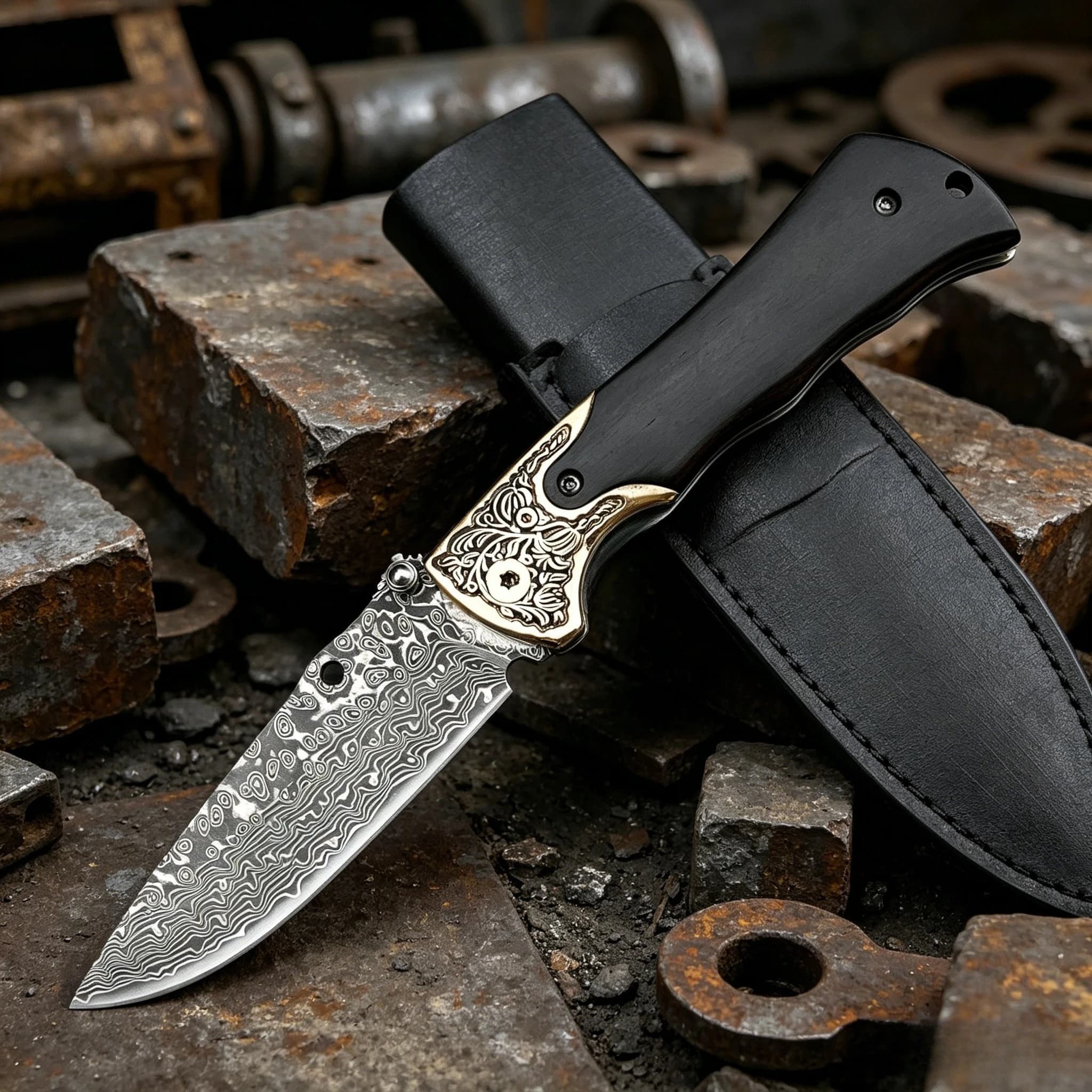 Coltello Pieghevole con Manico in Ottone Ebano e Lama in Acciaio Damascato, Compatto per Campeggio, con Clip da Cintura, Regalo Ideale per Uomo