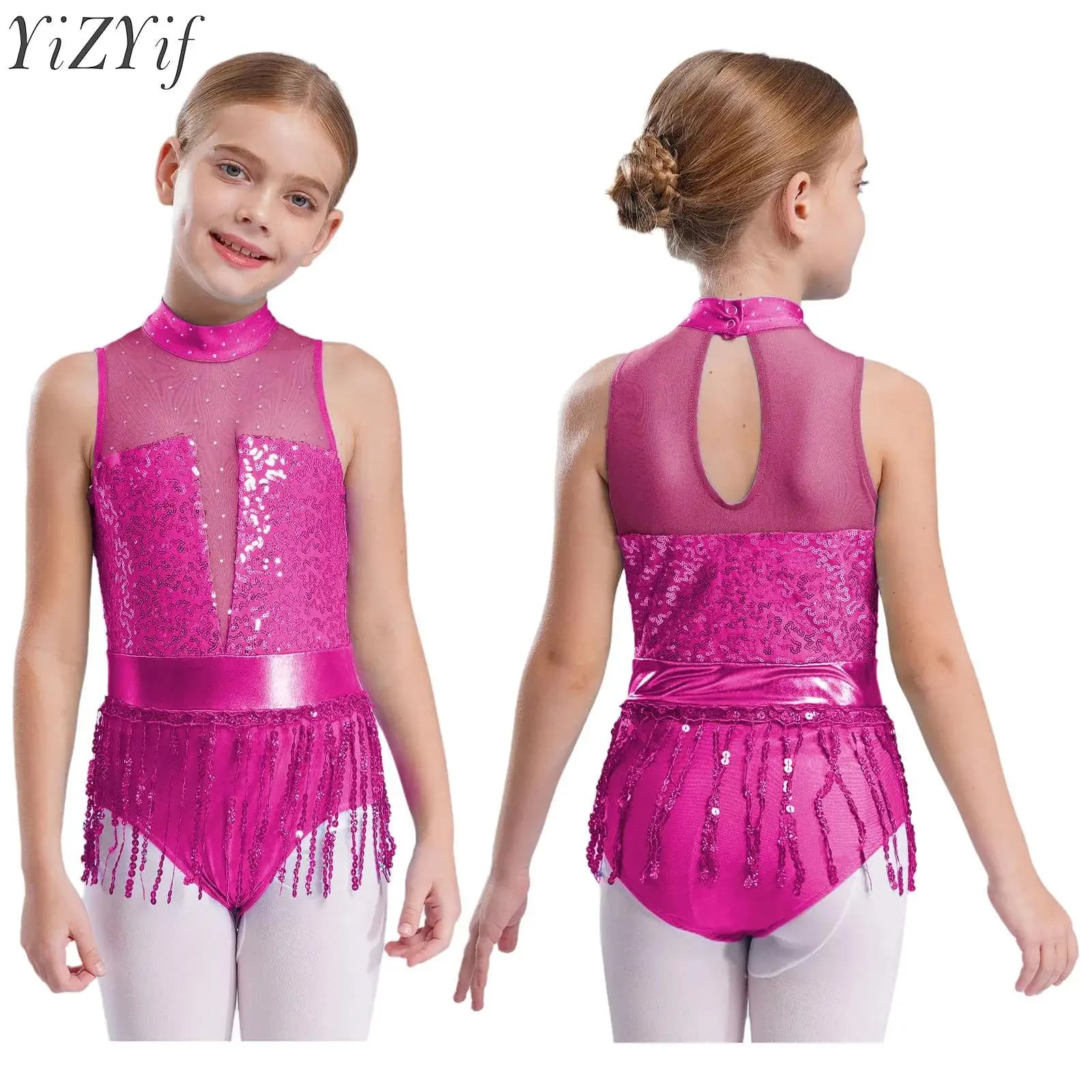 Bambini Ragazze Paillettes Nappe Balletto Danza Body Ginnastica Gonna Body Figura Pattinaggio su ghiaccio Costume da spettacolo di danza con frange