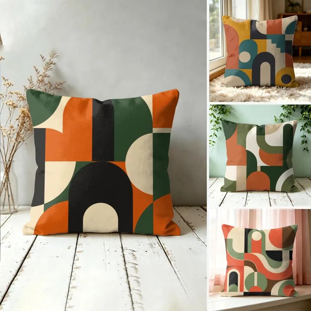 Retro Mid-Century Abstract Pillow Case Double-Sided Plush Sofa Cushion Covers Organic Breathable Invisible Zipper