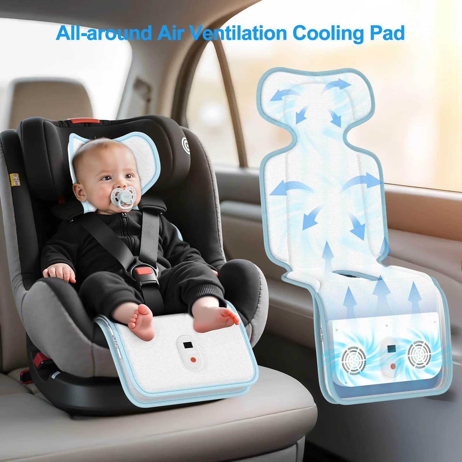 Power Bank esterno Ricarica USB Ventola silenziosa rimovibile Copertura di ventilazione Copertura per passeggino in seta ghiacciata Coprisedile di sicurezza per auto fresco