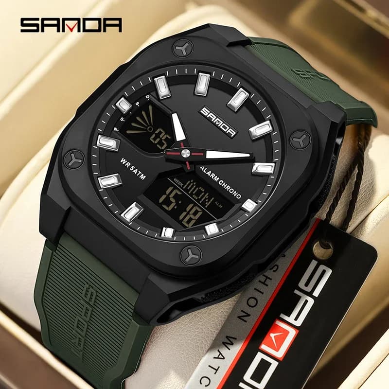 SANDA Quartz Watches for Men Luxury Military Sport Chronograph Waterproof LED Dual Display Electronic Man Watches Reloj Hombre