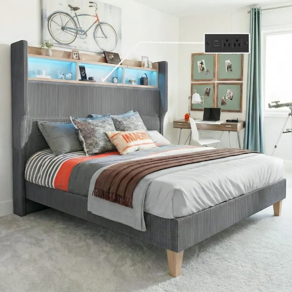 Letto Completo per Ragazzi con Testiera LED da 51 Pollici, Ricarica USB, Piattaforma in Corduroy con Contenitore, Senza Box Spring, Grigio Personalizzabile