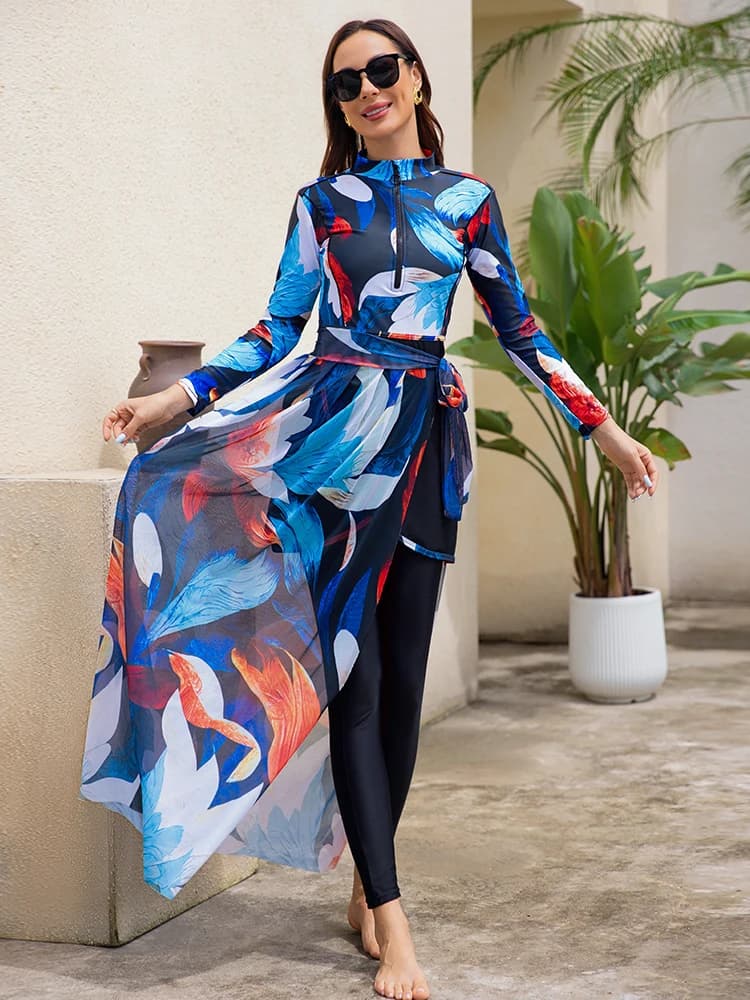 4PCS Floral Muslim Swimsuit Swimwear Modest Burkini Femmes Summer Beach Women's Swimm Suit, Hijab Top Pant Shawl