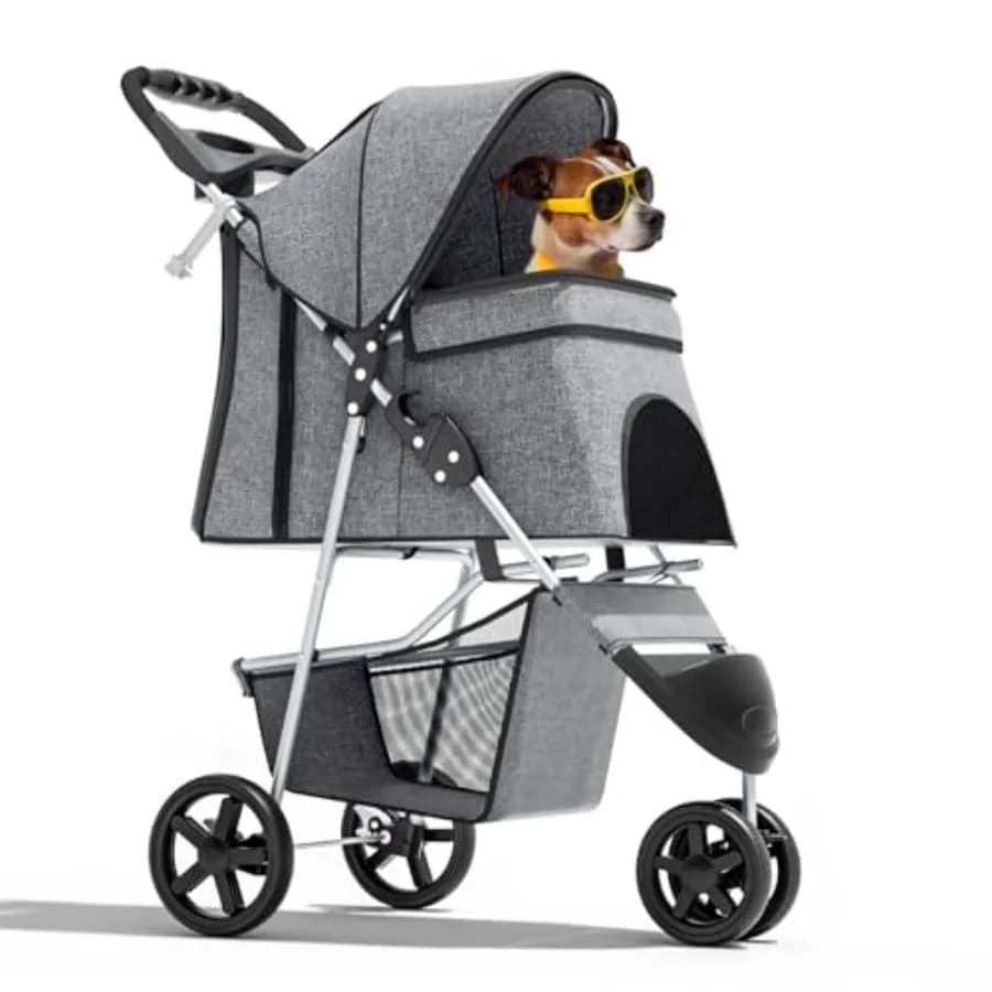 Passeggino a 3 ruote per animali domestici, ideale per viaggi e jogging, telaio leggero in alluminio grigio con copertura in rete traspirante, design pieghevole, porta bicchieri