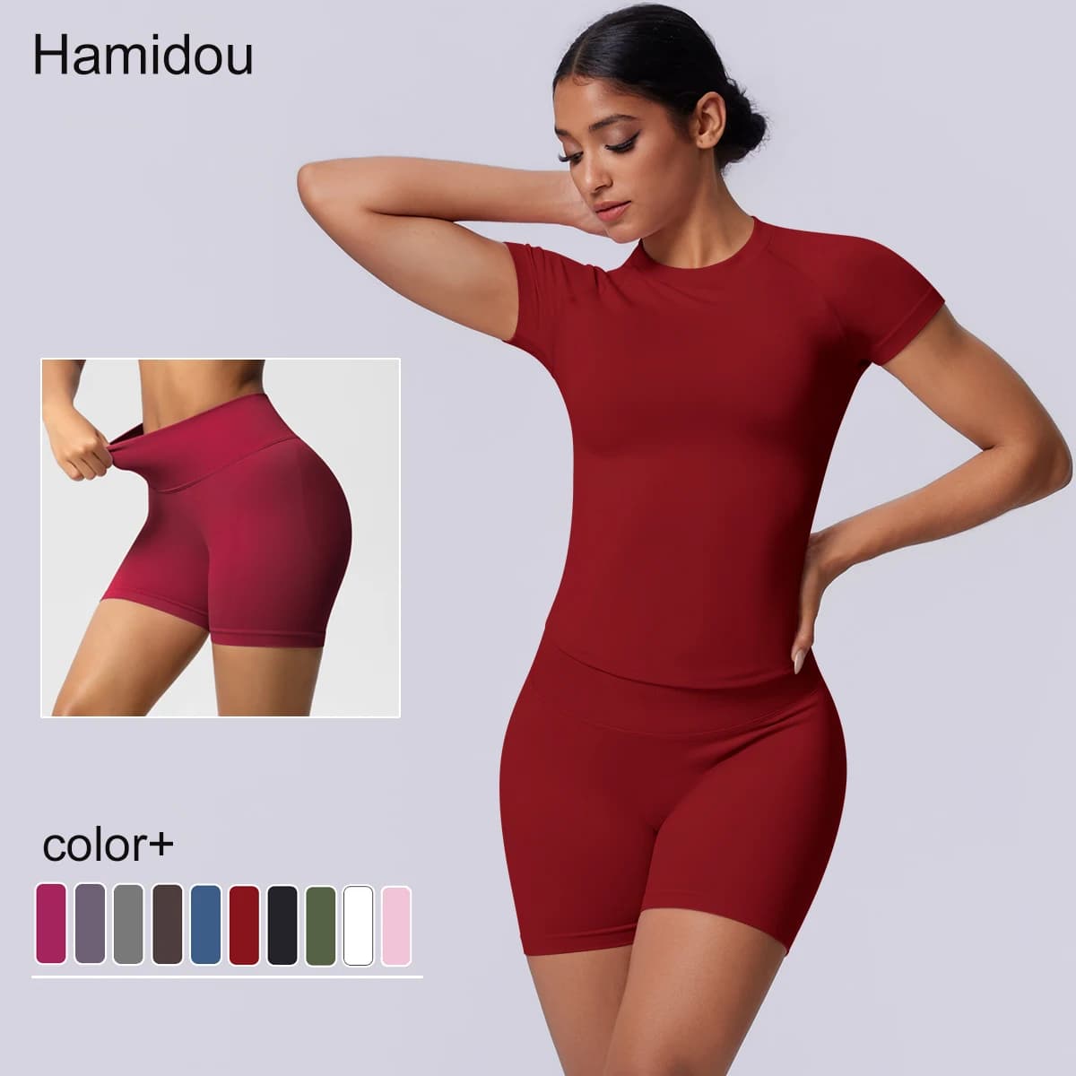 Summer Lifting Sports Solid Color Yoga Set High Strength Training Slim Running T-Shirt Quick-Dry High Waist Fitness Shorts Set