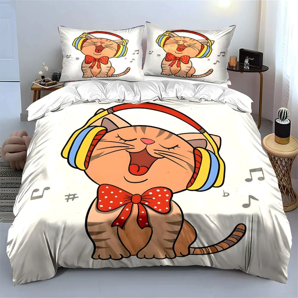 Singing cartoon cat Printed Duvet Cover Set 1 Duvet Cover+2 Pillowcase Multi Size Bedroom Bedding Decor Luxury Gift