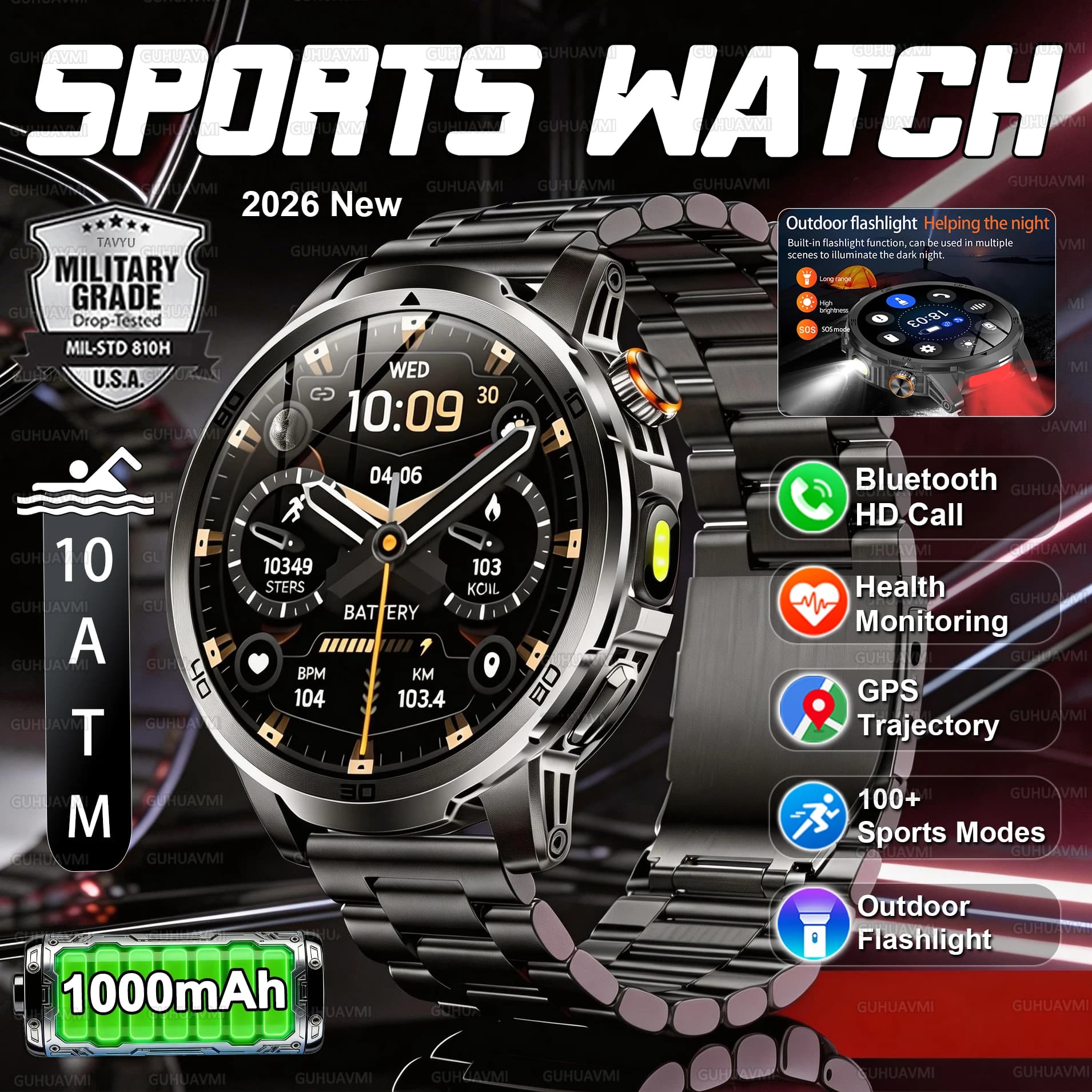 New Men's Military Smartwatch 2026 with 1000mAh Battery, Flashlight, 10ATM Waterproof, Cardiaca Frequency Monitoring and Calling, for Sports and Open Activity