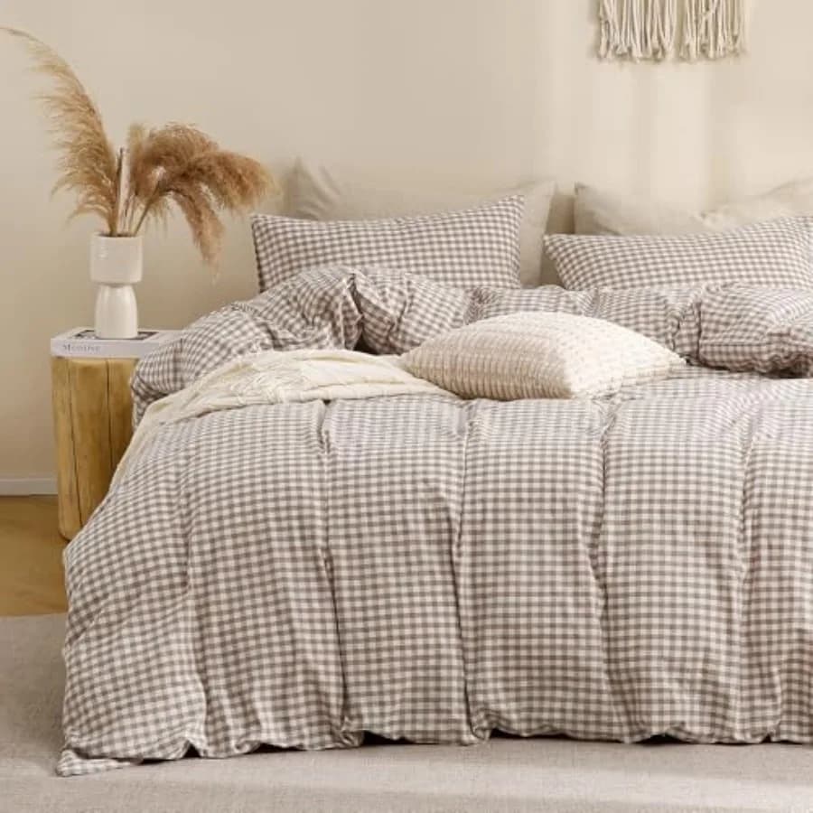 Set Copripiumino 100% Cotone Lavato Effetto Lino Super Morbido e Confortevole 3 Pezzi Marrone Vintage a Quadri per Autunno