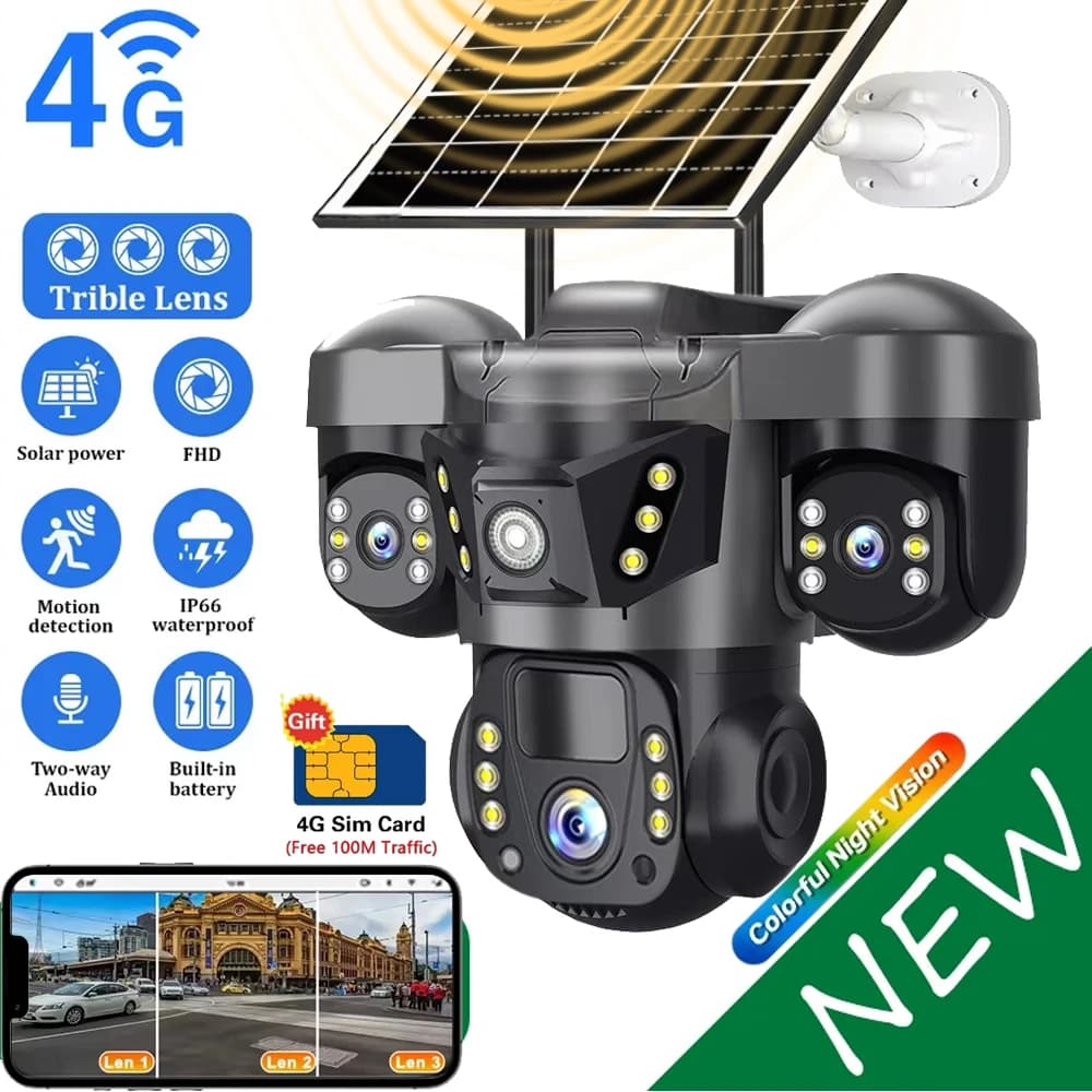 Telecamera Solare 4G con Scheda SIM, 15MP, 3 Lenti, 3 Schermi, Rilevamento PIR, Visione Notturna, Telecamere IP di Rete per Sicurezza e Protezione CCTV