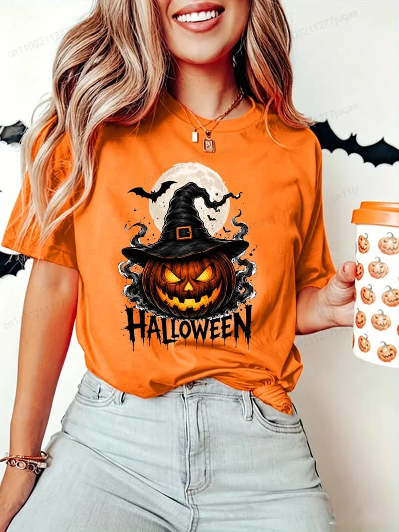 Halloween Pumpkin Witch Hat Women T‑shirt Spooky Bat Graphic Shirts Casual Short Sleeve Female Tees Spooky Season Tops Gifts