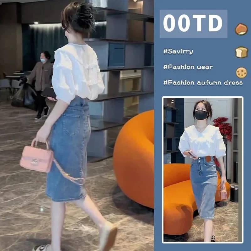 Summer Fashion Set for Small Girls Sweet Salt Style Shirt And Skirt Two-Piece Professional Ensemble Gentlewomanly V-Neck Poly...