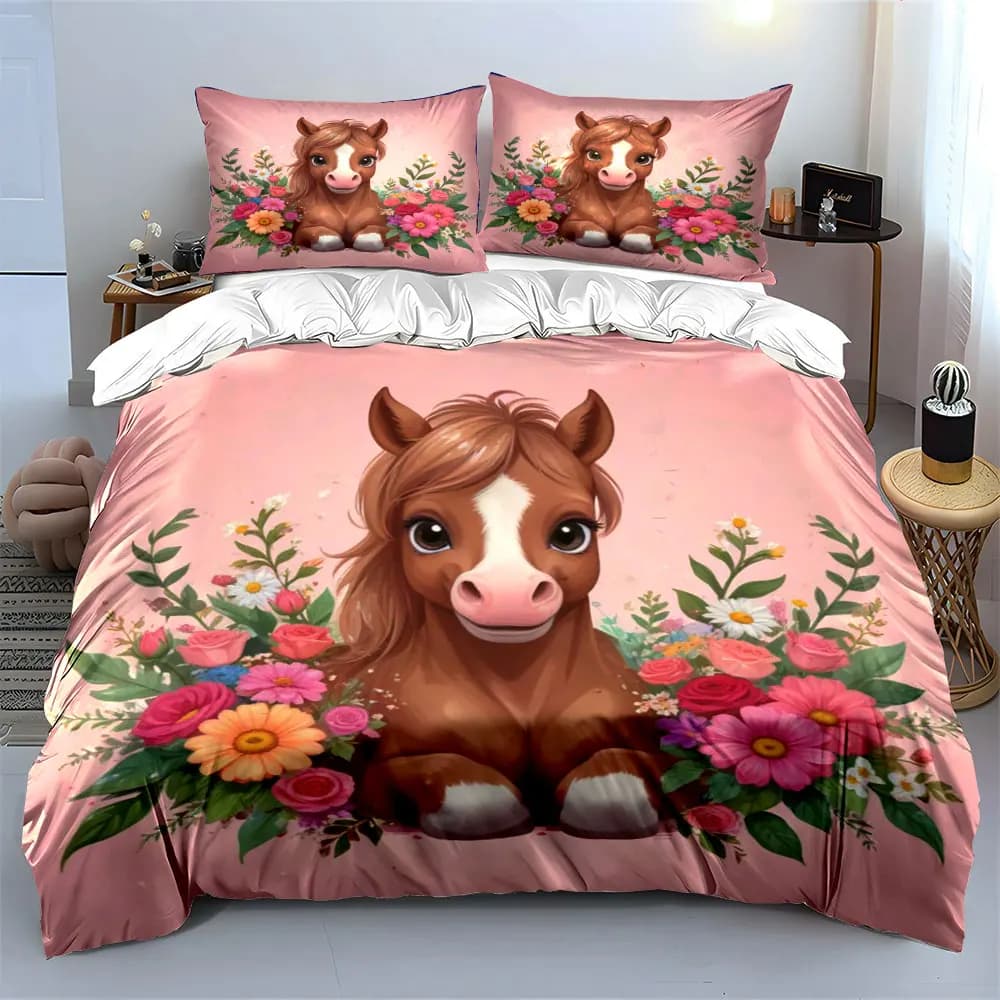 Simpatico pony con stampa floreale sullo sfondo, set di biancheria da letto con copripiumino morbido e confortevole, include 1 copripiumino e 2 federe.