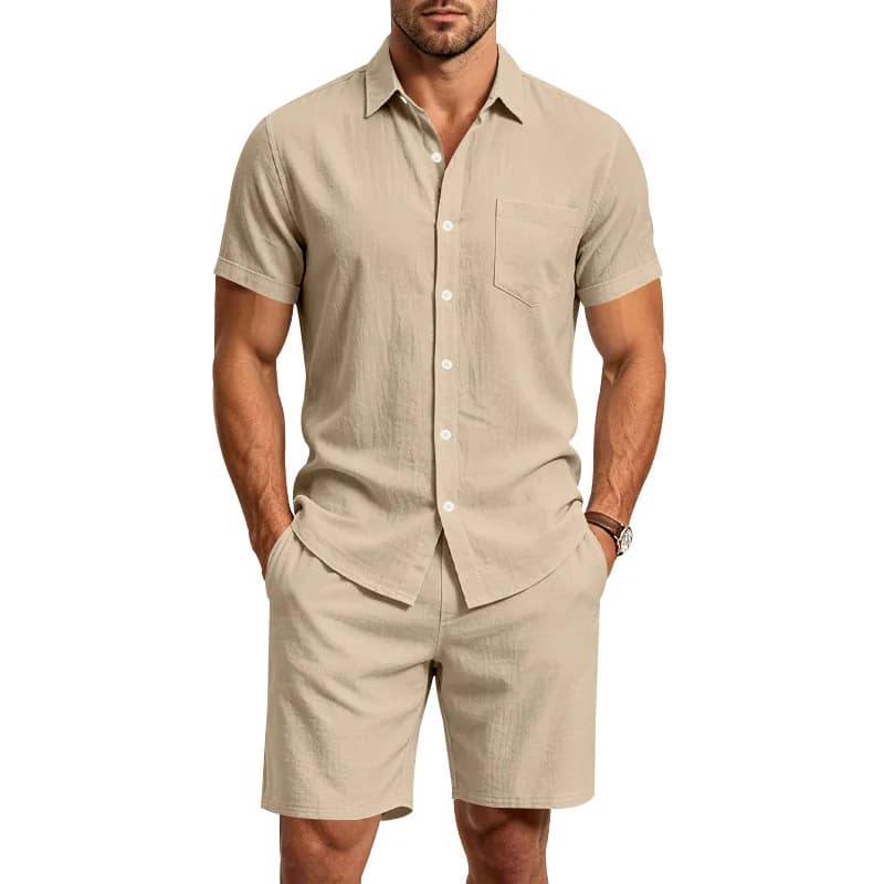 Men's Summer Lapel Solid Color Short Sleeve Button Men's Linen Shirt Shorts Set