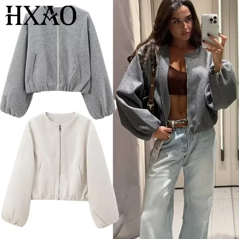 HXAO Capispalla Giacca bomber corta Donna Autunno Manica lunga Cappotti in finta lana per donna Inverno Zip Up Cappotti corti grigi beige