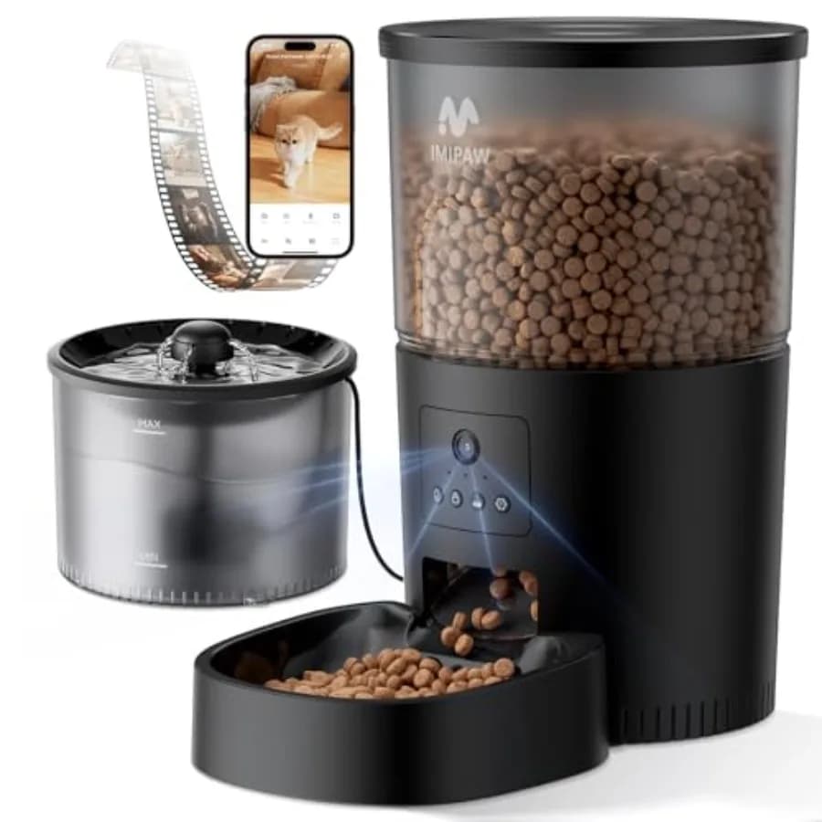 Distributore automatico di cibo per gatti con telecamera e fontanella d'acqua per uso interno, in plastica ABS bianca, riconoscimento animali domestici HD AI, controllo remoto tramite APP.