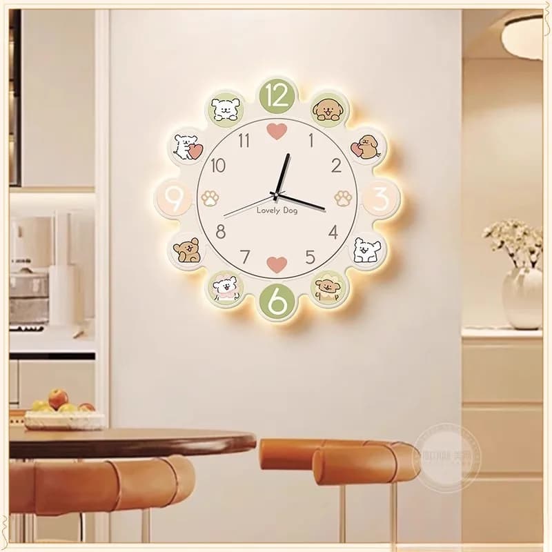Wall clock in cream style, cartoon line, puppy, living room, silent wall clock, decorative clock, home decoration wholesale