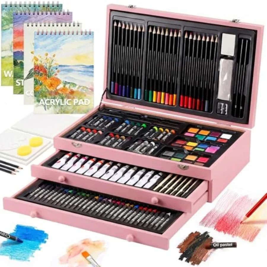 194 Piece Deluxe Art Set, Painting Drawing Art Supplies with 4 Drawing Pads, Acrylic Paints, Crayons, Colored Pencils Set in Wo
