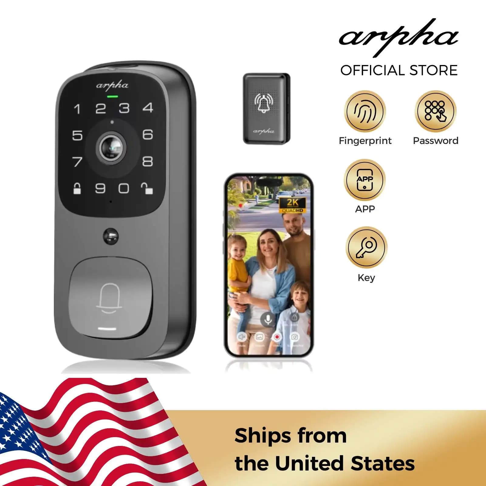 Serratura intelligente Arpha AL501 Serratura intelligente WiFi 6 in 1 con videocitofono e tastiera digitale con ingresso senza chiave da 32 GB