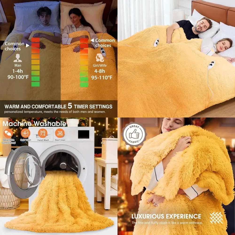 Coperta elettrica Queen Size in pelliccia sintetica con fodera Sherpa - Doppi controlli, 10 impostazioni di calore e 5 timer, 84x90, Beige