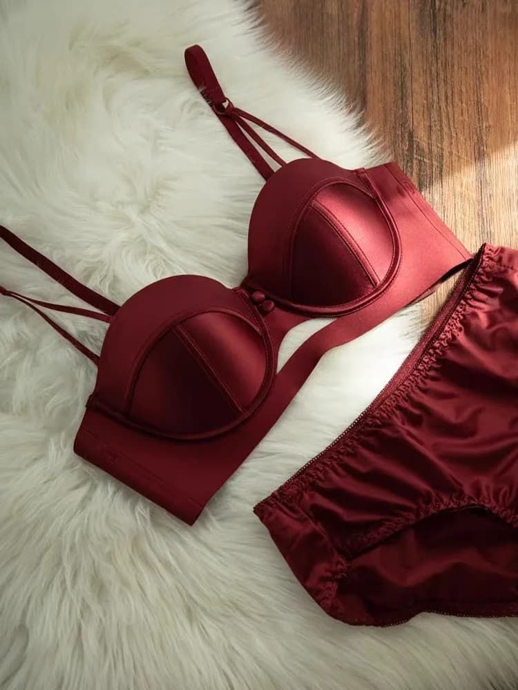 YUQI French Lingerie Set Scarlet Red Bra & Panty - Women's Push Up AA Cup Bridal Lingerie, Sexy Small Bust Zodiac Year Underwear