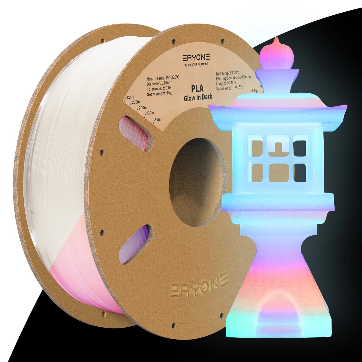 ERYONE PLA Filament that lightens in the dark by 1 kg, 3D printer filament 1,75 mm +/- 0.03 mm 1 kg (2,2 pounds)/bobin