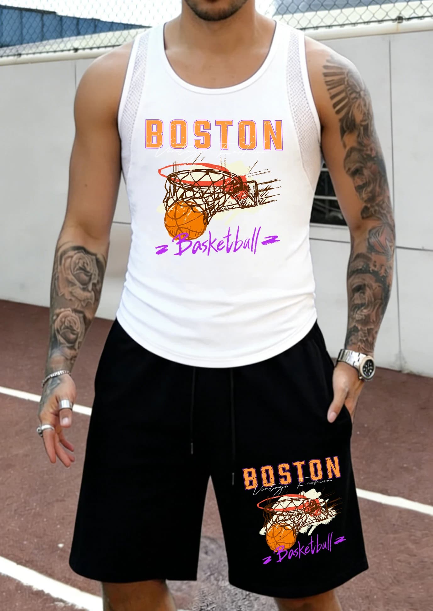 Completo Estivo da Uomo Boston Basketball: Stampa Vintage, Maglia Senza Maniche in Mesh ad Asciugatura Rapida e Pantaloncini Casual con Coulisse per Palestra e Uso Quotidiano