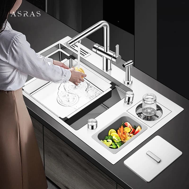 ASRAS SUS 304 stainless steel hand brushed sink watering cup over kitchen sink support with knife holders and path sink