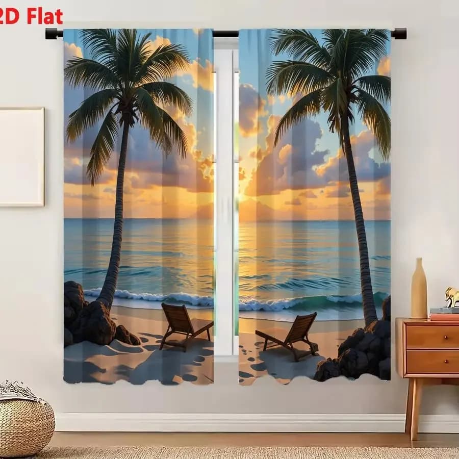 2Pcs Curtains 2D Flat Tropical Beach Sunset With Palm Trees And Lounge Chairs Window Drapes for Bedroom Room Decor Decoration Wi